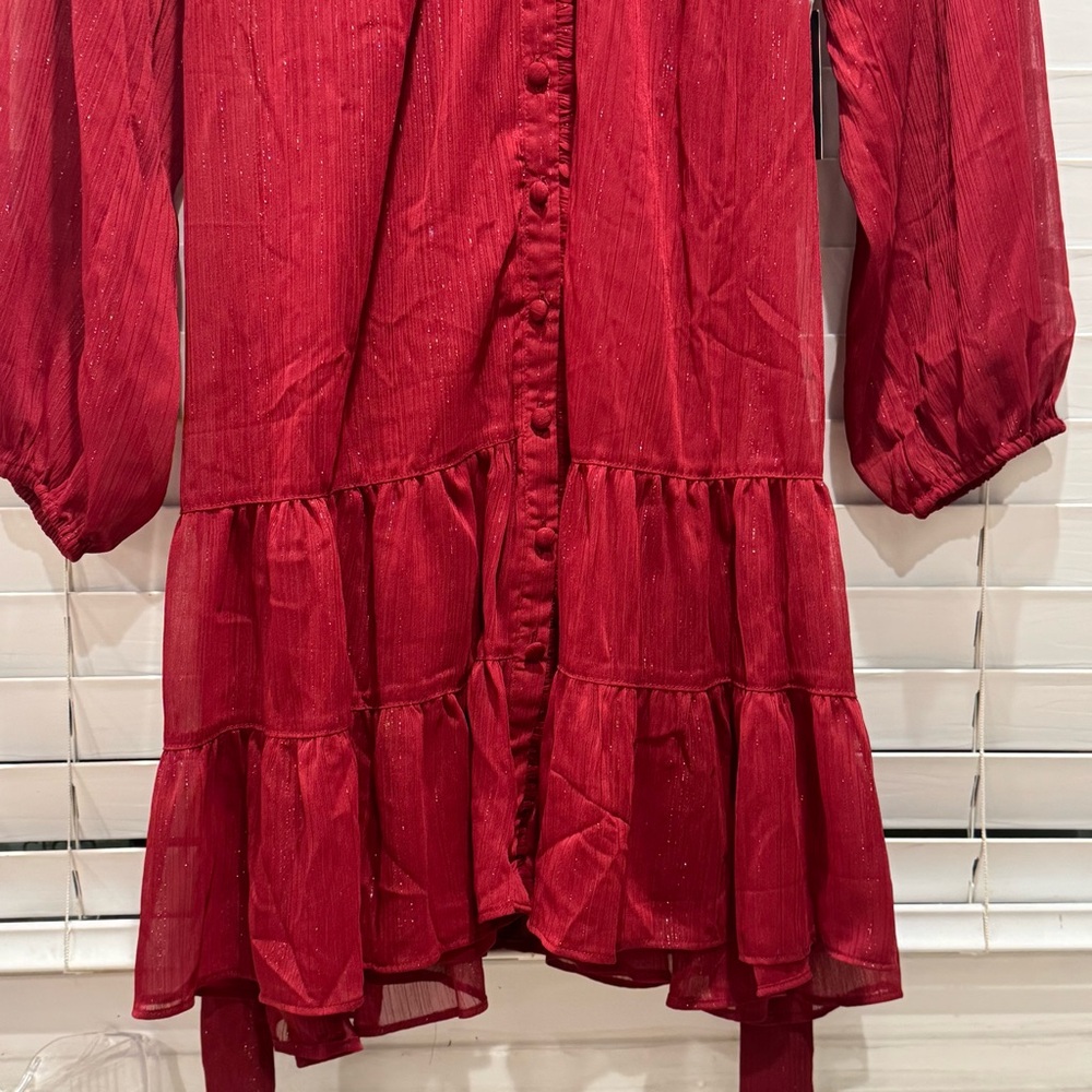NEW Sz Large Simply Vera Deep Red Long Sleeve Dress Sheer Tiered Bow Feminine - Picture 8 of 12